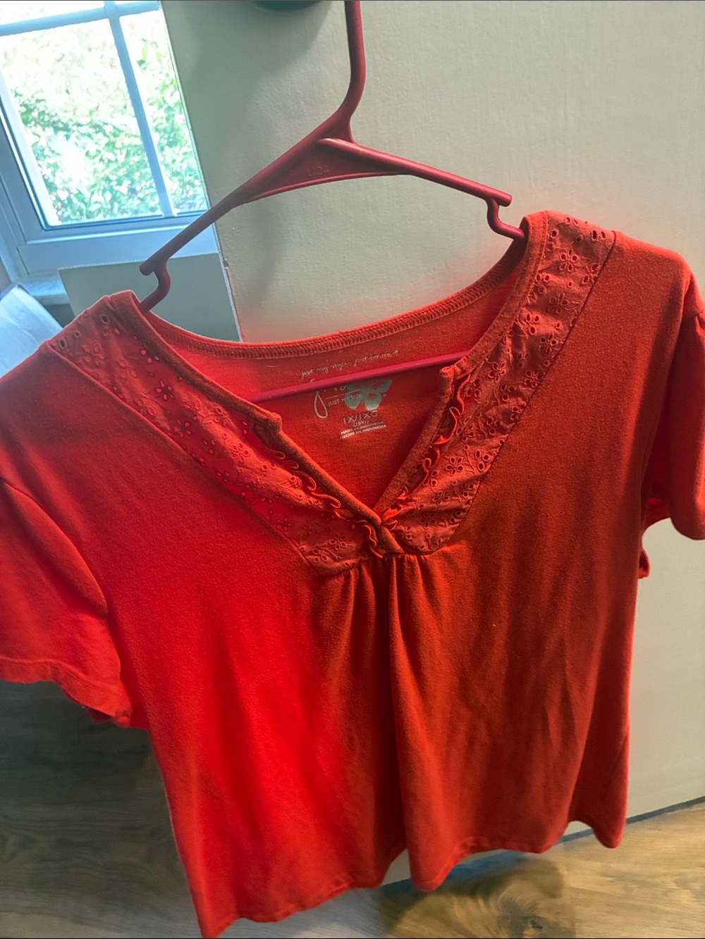 Just My Size Red V-Neck Short Sleeve Top with Eyelet Trim